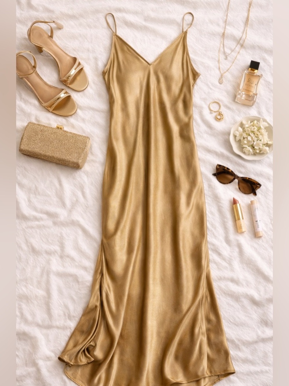 Pistola Gold Satin Slip Maxi Dress NWT | Open Back Tie | Side Slit | Small